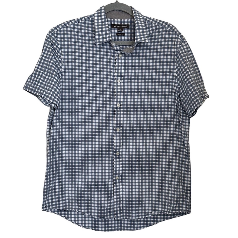 Michael Kors Button-Up Shirt Blue Gingham Men's Size L Short Sleeve Classic Fit